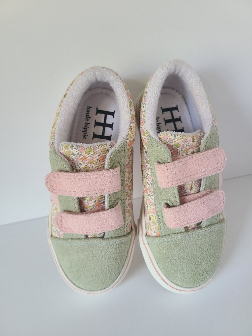 Haute Hippie Kids Green Suede & Pink Velcro Floral Sneakers